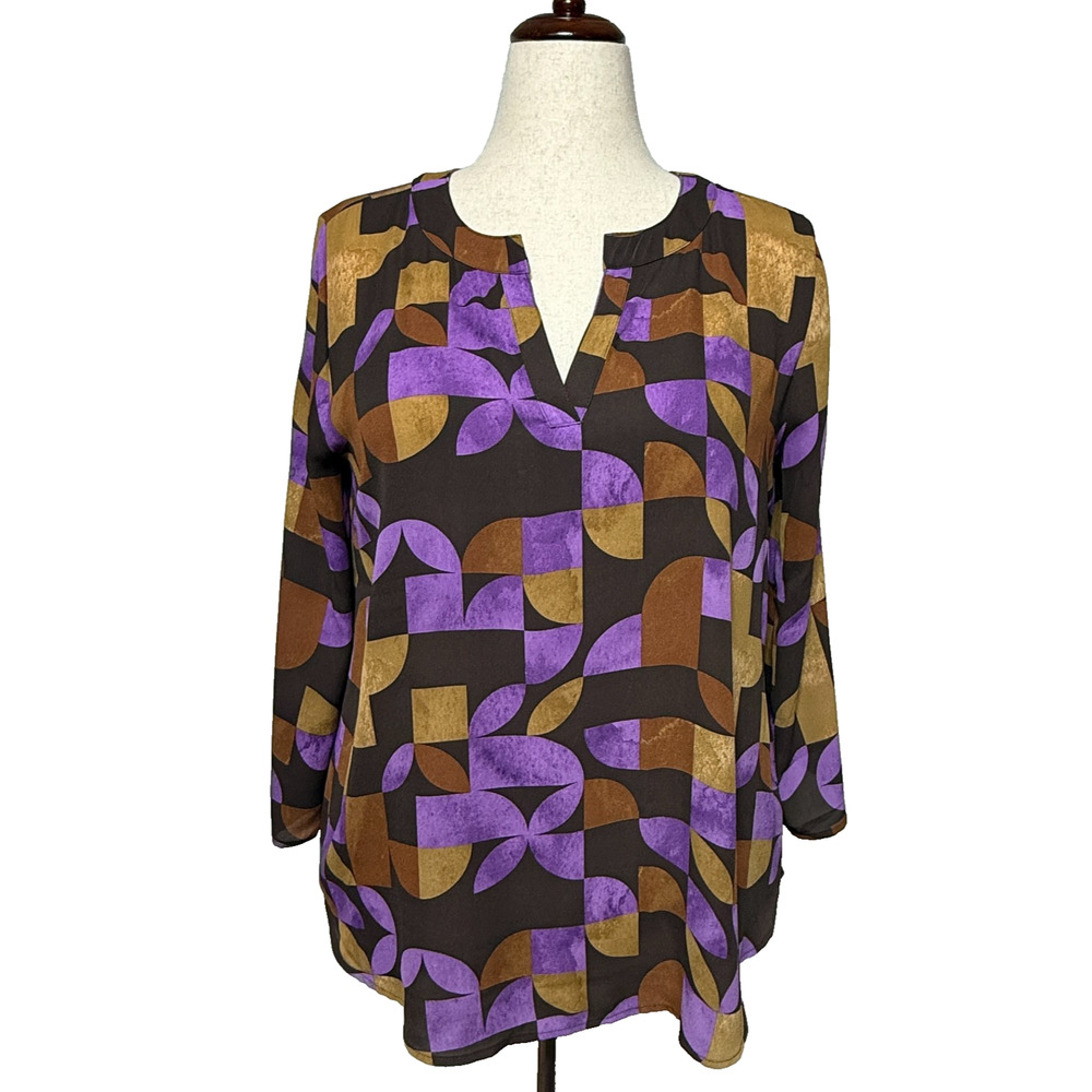 Cato Top Womens Large Purple Brown Floral Hi Low Roll Tab Blouse Cottagecore NWT